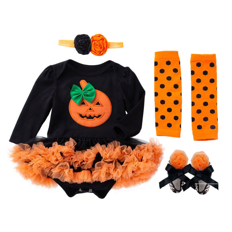 Cute Long Sleeve Romper Dress for Baby Girls, Halloween Pumpkin Outfit, 4-Piece Set