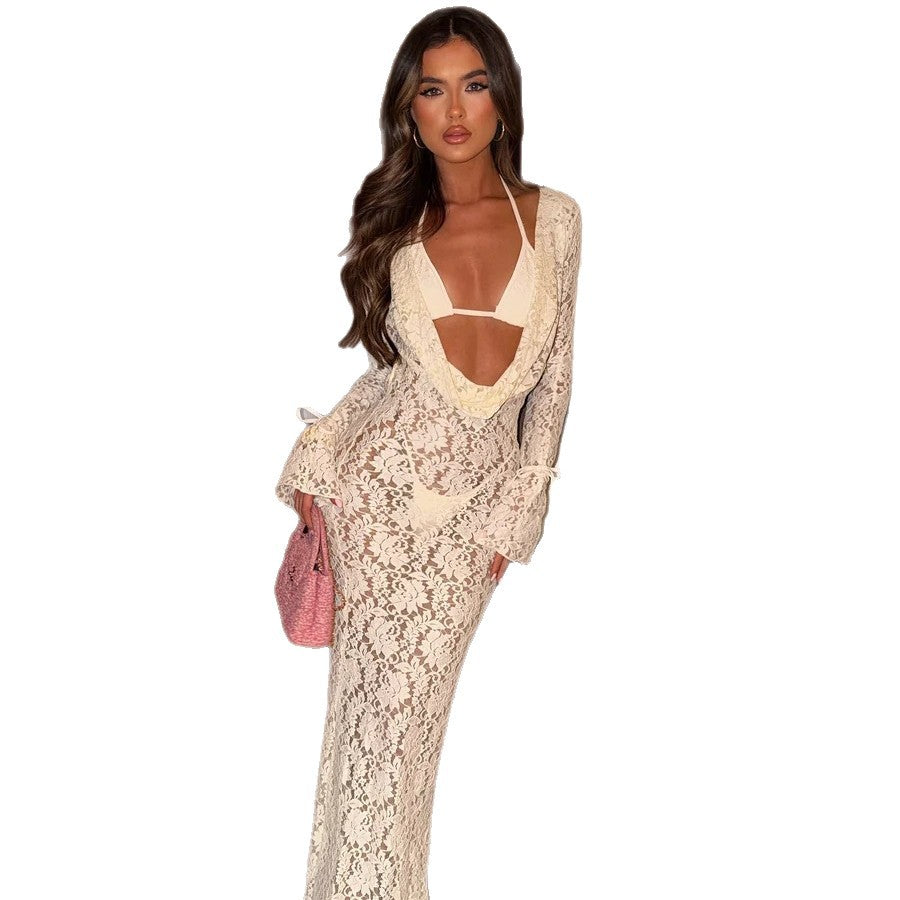 Solid color sexy lace long sleeved dress three piece set mesh swimsuit bikini