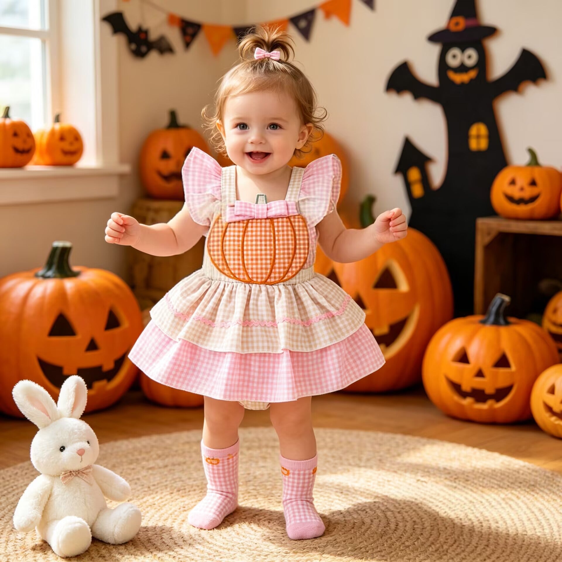 Baby Romper with Pumpkin Embroidery Plaid Overall Dress for Girls Summer Halloween Outfit
