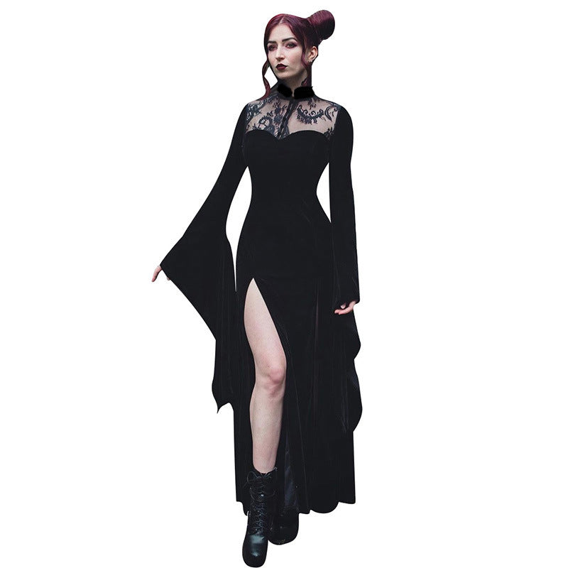 Halloween Witch Sexy Split Long Dress Style Lace Cut-out Flared Sleeve Dress for Women