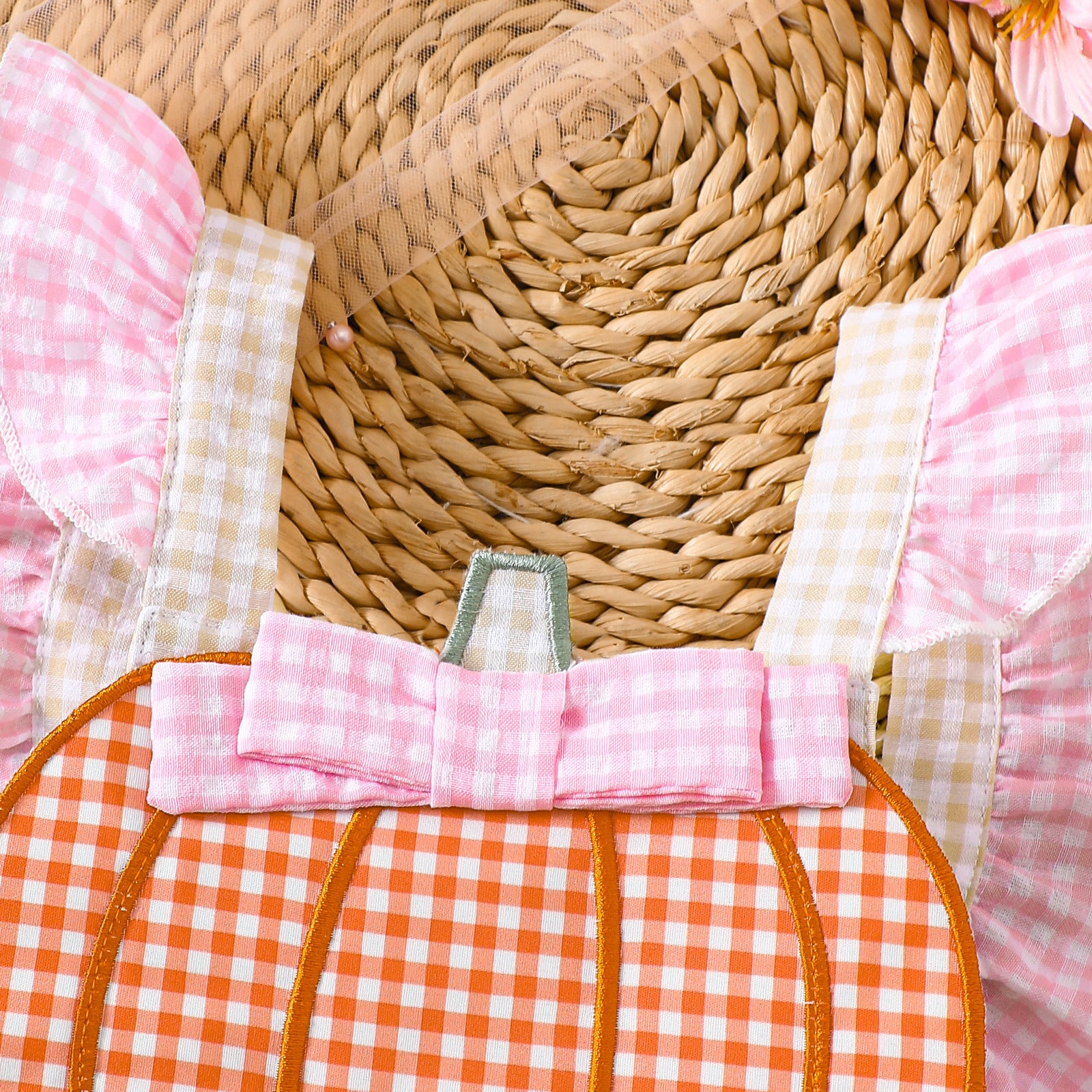 Baby Romper with Pumpkin Embroidery Plaid Overall Dress for Girls Summer Halloween Outfit