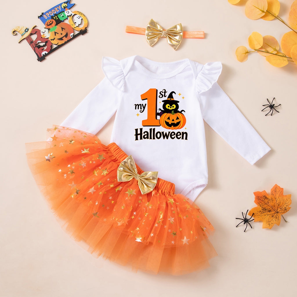 Cute Baby Halloween Costume Set with Pumpkin Witch Print Romper, Orange Tutu Style