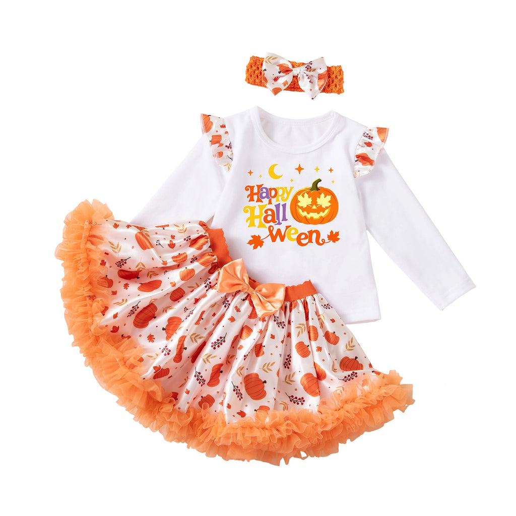 Girls' Halloween Long Sleeve Printed Pumpkin T-Shirt, Satin Skirt, Headband 3-Piece Set for Kids Party Outfit