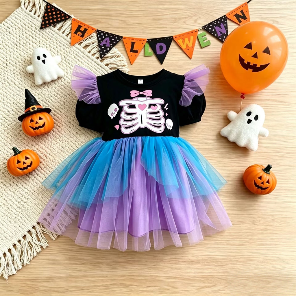 Children's Halloween Skeleton Print Long Sleeve Mesh Dress Wholesale Kids Clothing