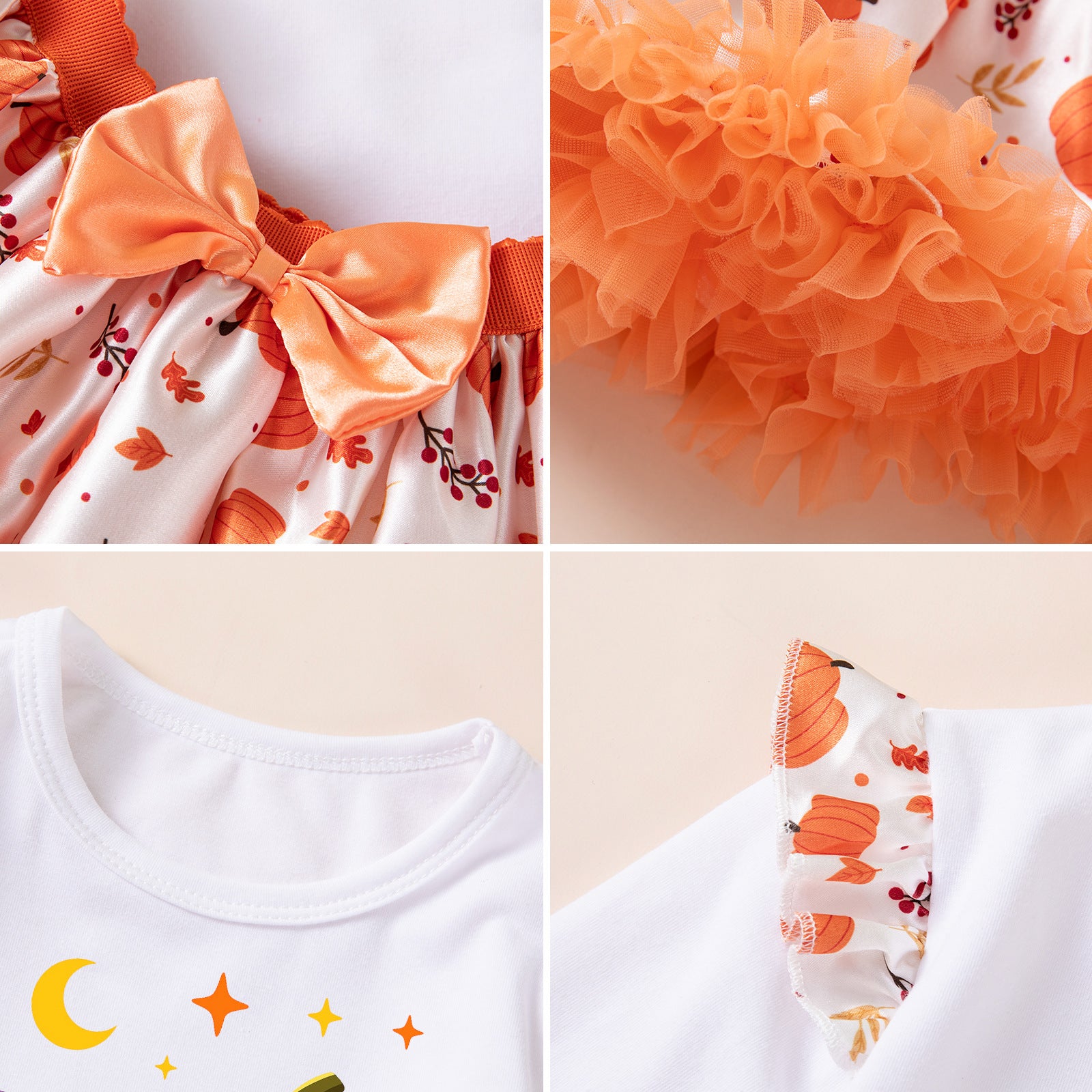 Girls' Halloween Long Sleeve Printed Pumpkin T-Shirt, Satin Skirt, Headband 3-Piece Set for Kids Party Outfit