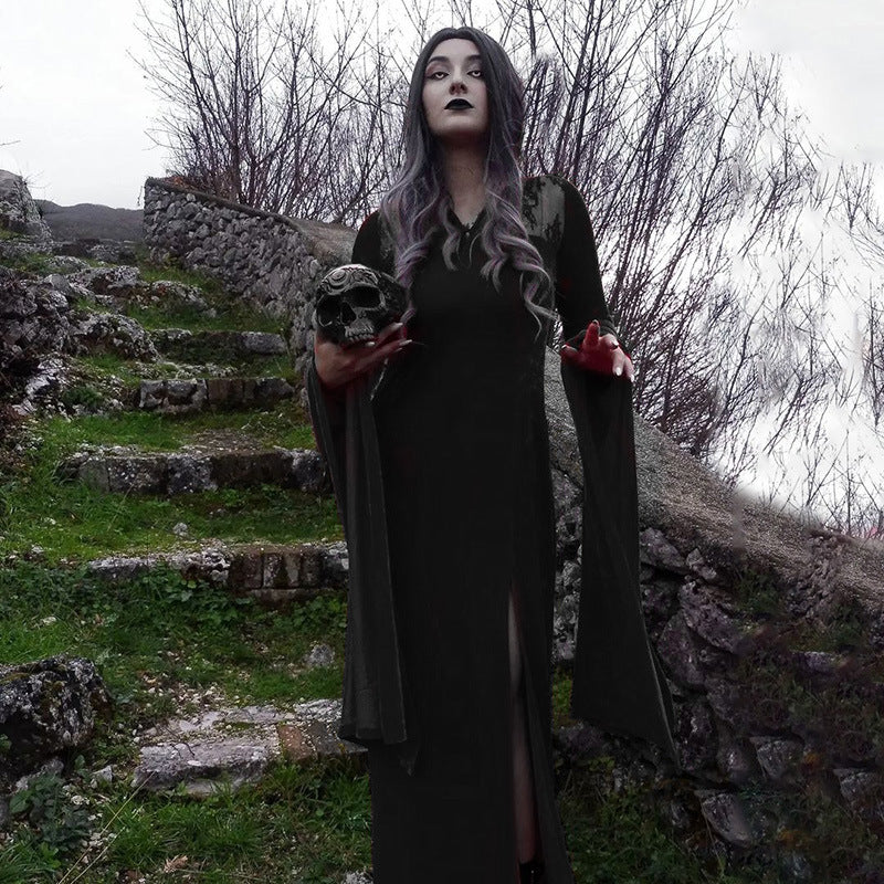 Halloween Witch Sexy Split Long Dress Style Lace Cut-out Flared Sleeve Dress for Women