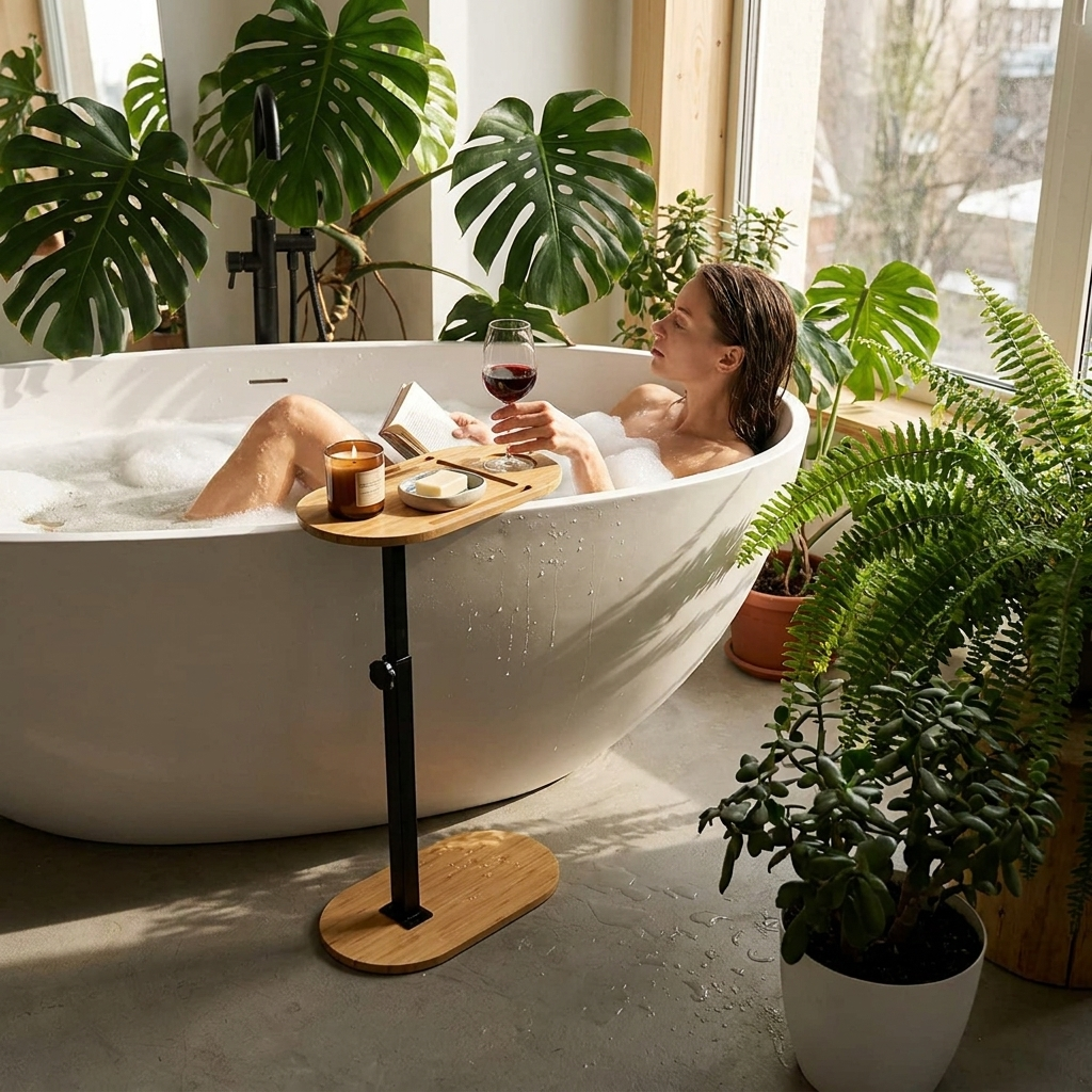 Bamboo Bath Tub Tray Table in use