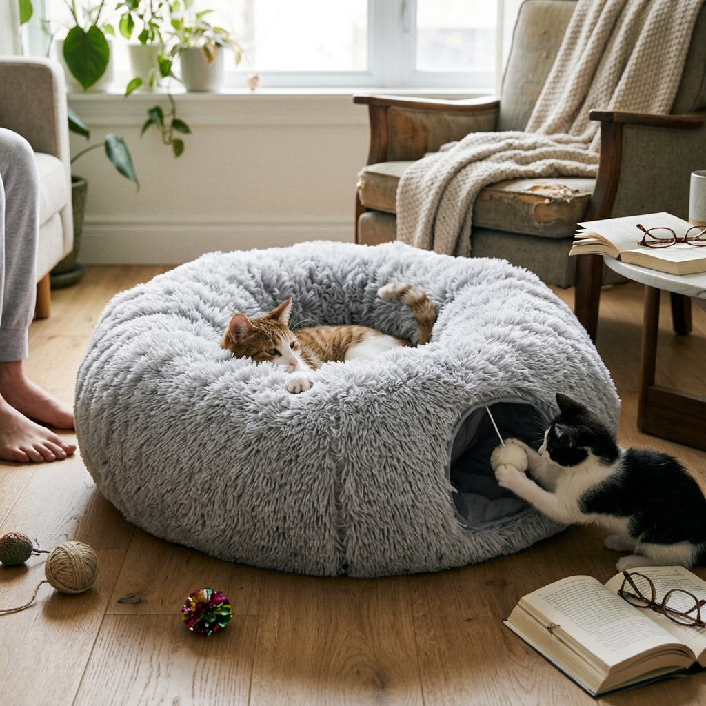 Cat Tunnel With Cat Bed in use