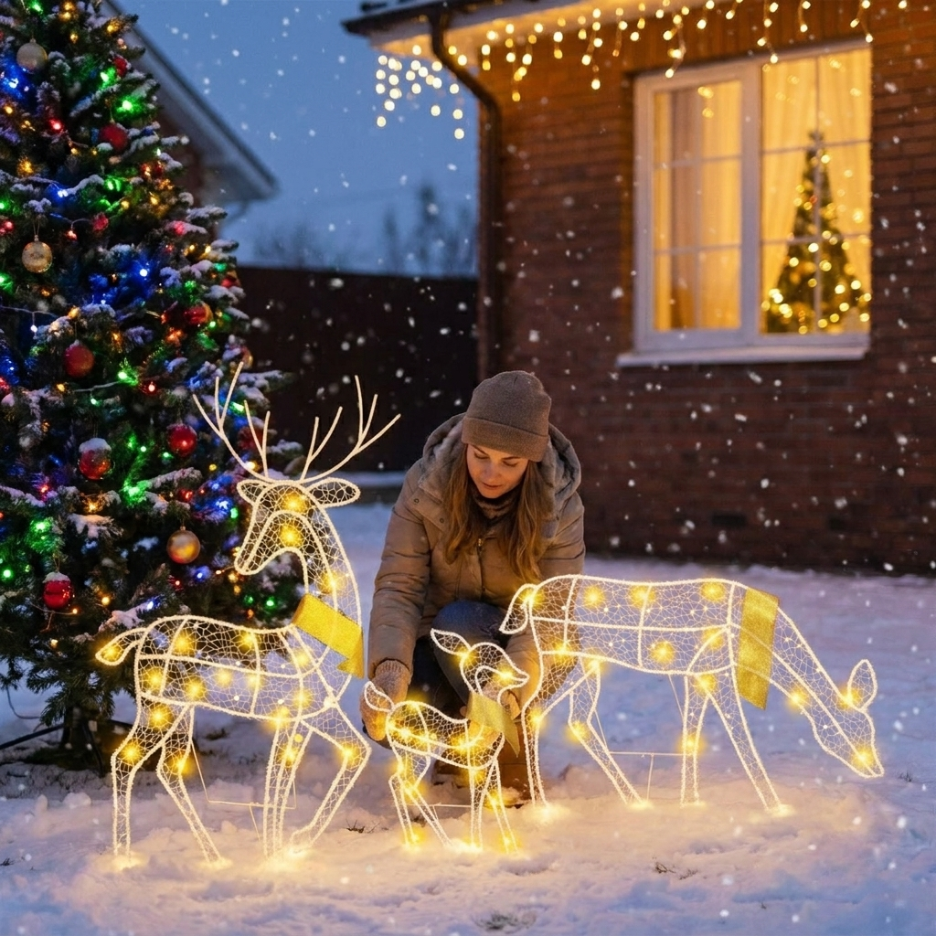 Lighted reindeer family Christmas decoration in use