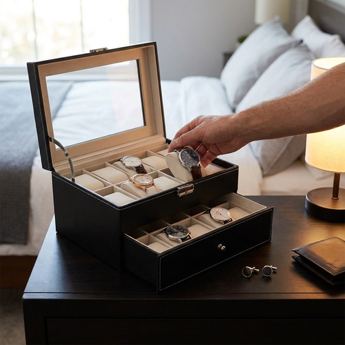 20-slot watch storage box in use