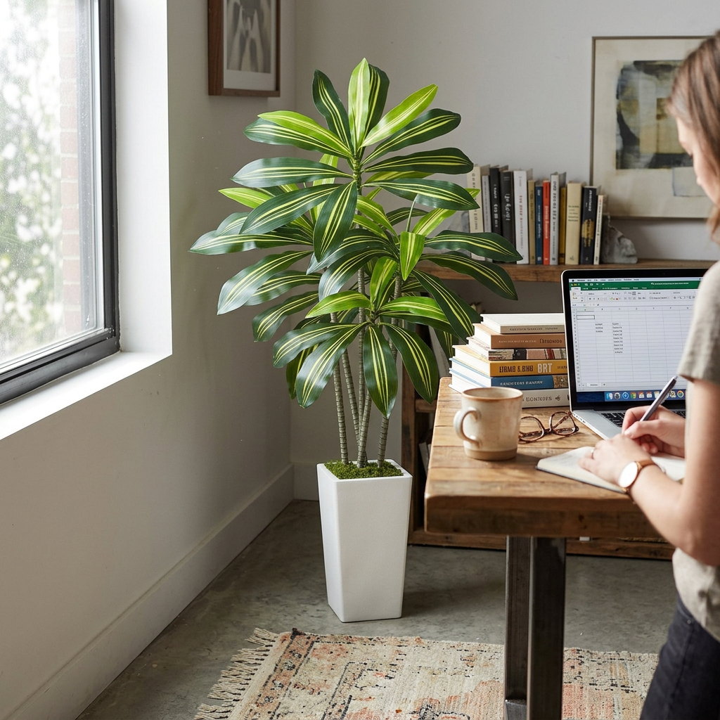 Artificial dracaena tree in planter in use
