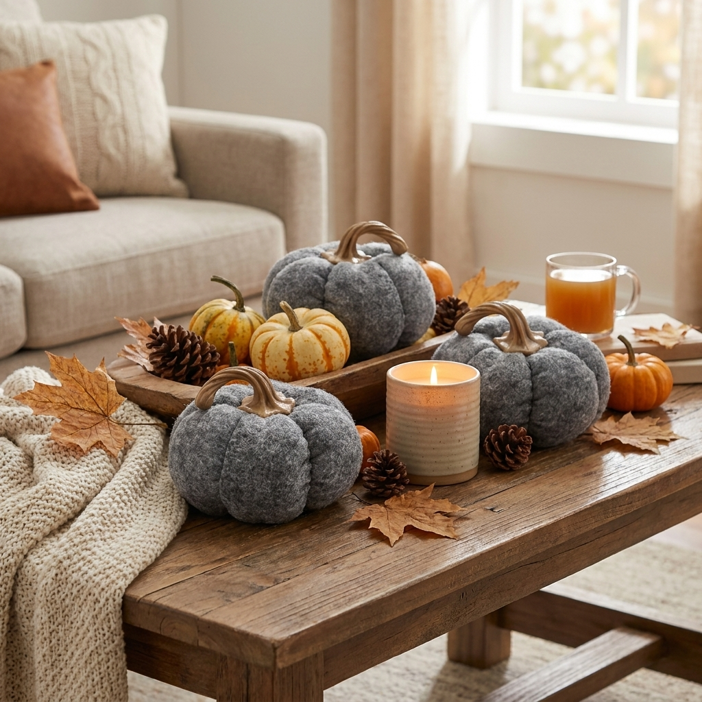 Gray decorative pumpkin ornament set in use
