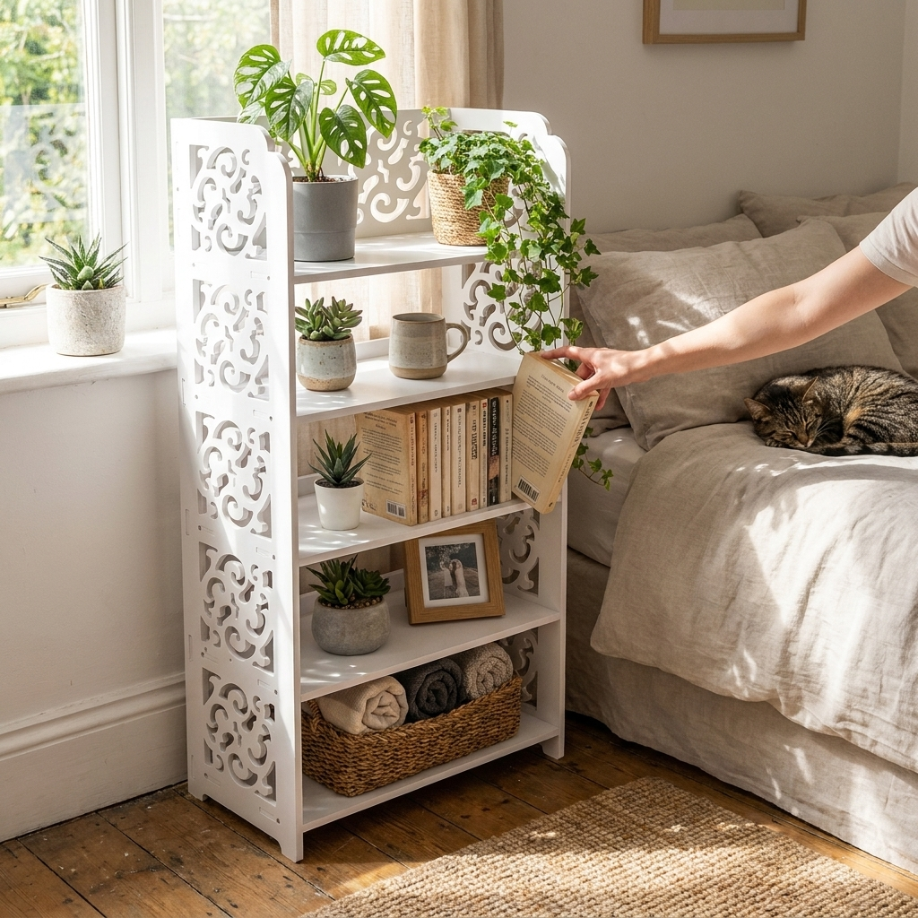 5-layer carved wooden shoe rack in use