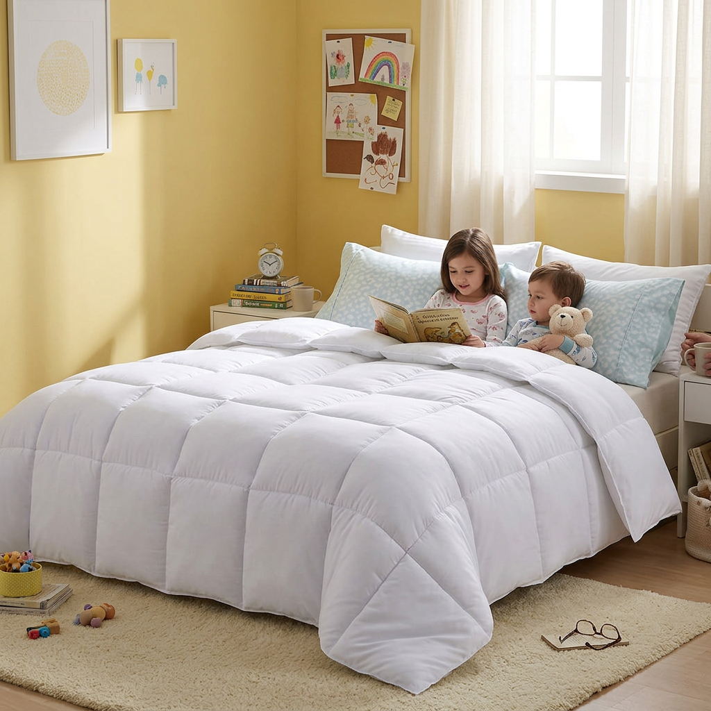 White checkered quilted plump duvet in use