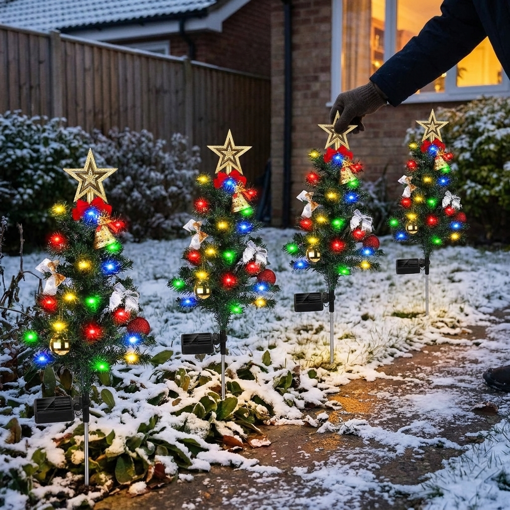 Solar Christmas tree stake lights in use