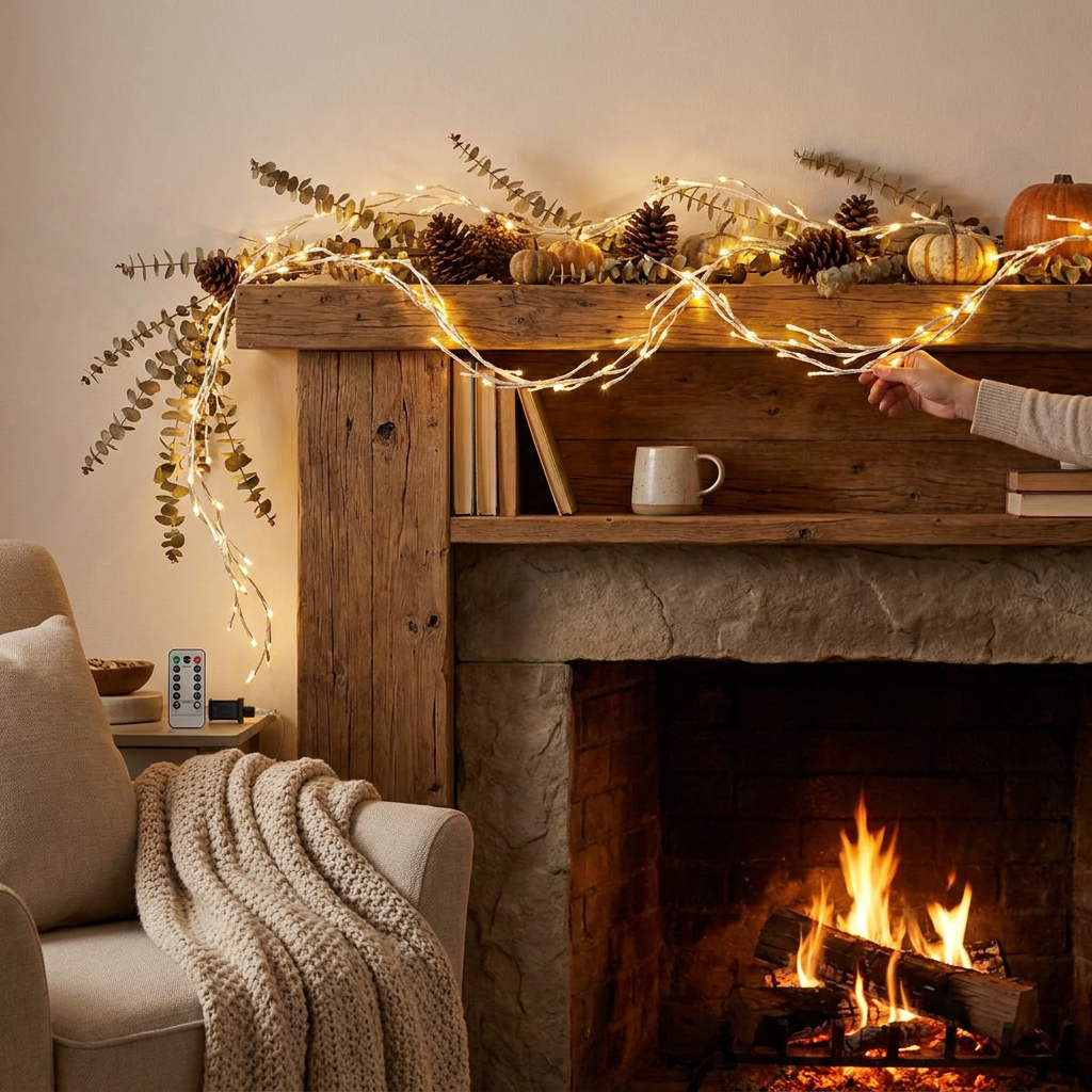 Lighted birch garland in use