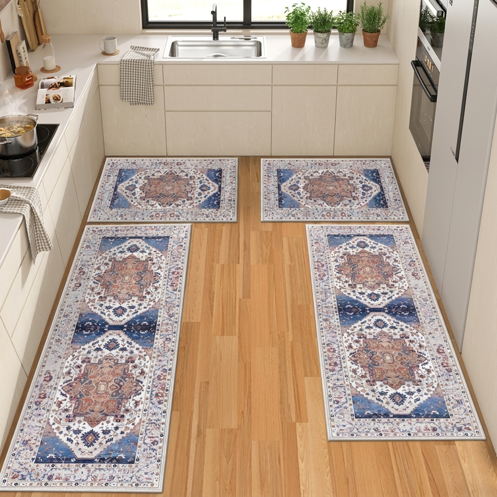 Boho kitchen rug set with runner in use