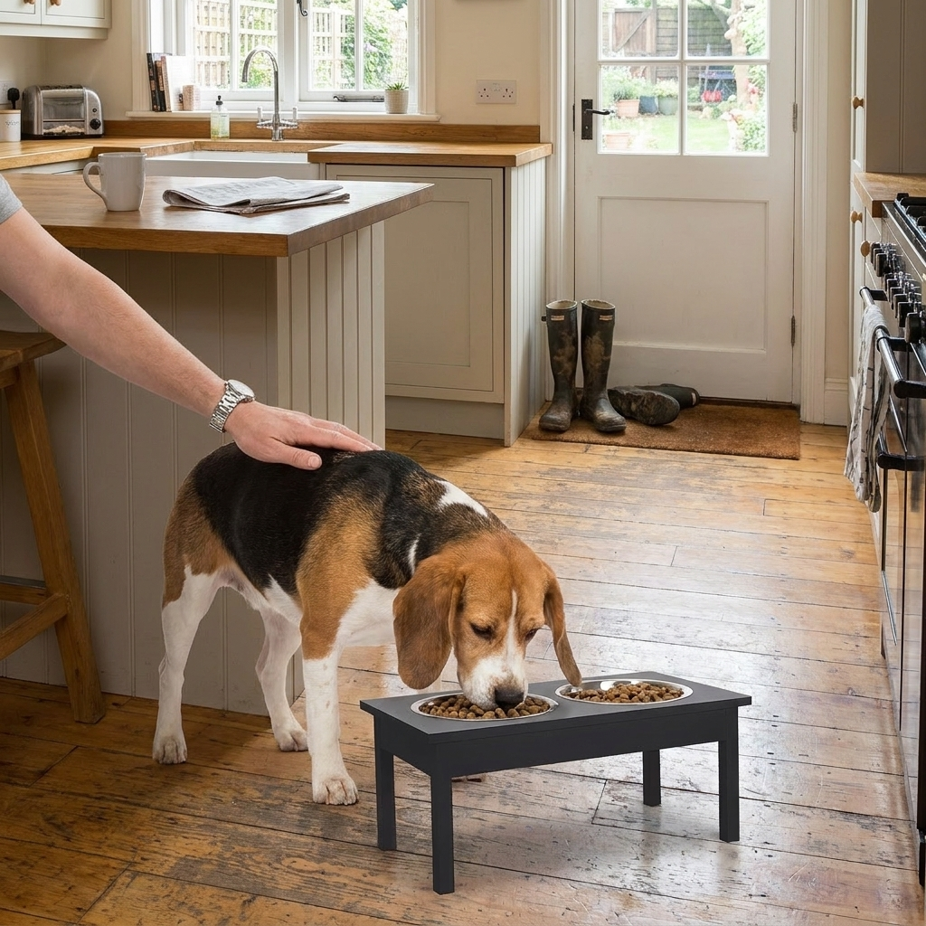 Black wooden dog feeding station in use