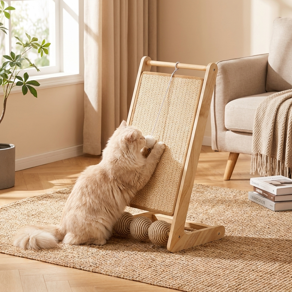 Vertical sisal cat scratcher with balls in use