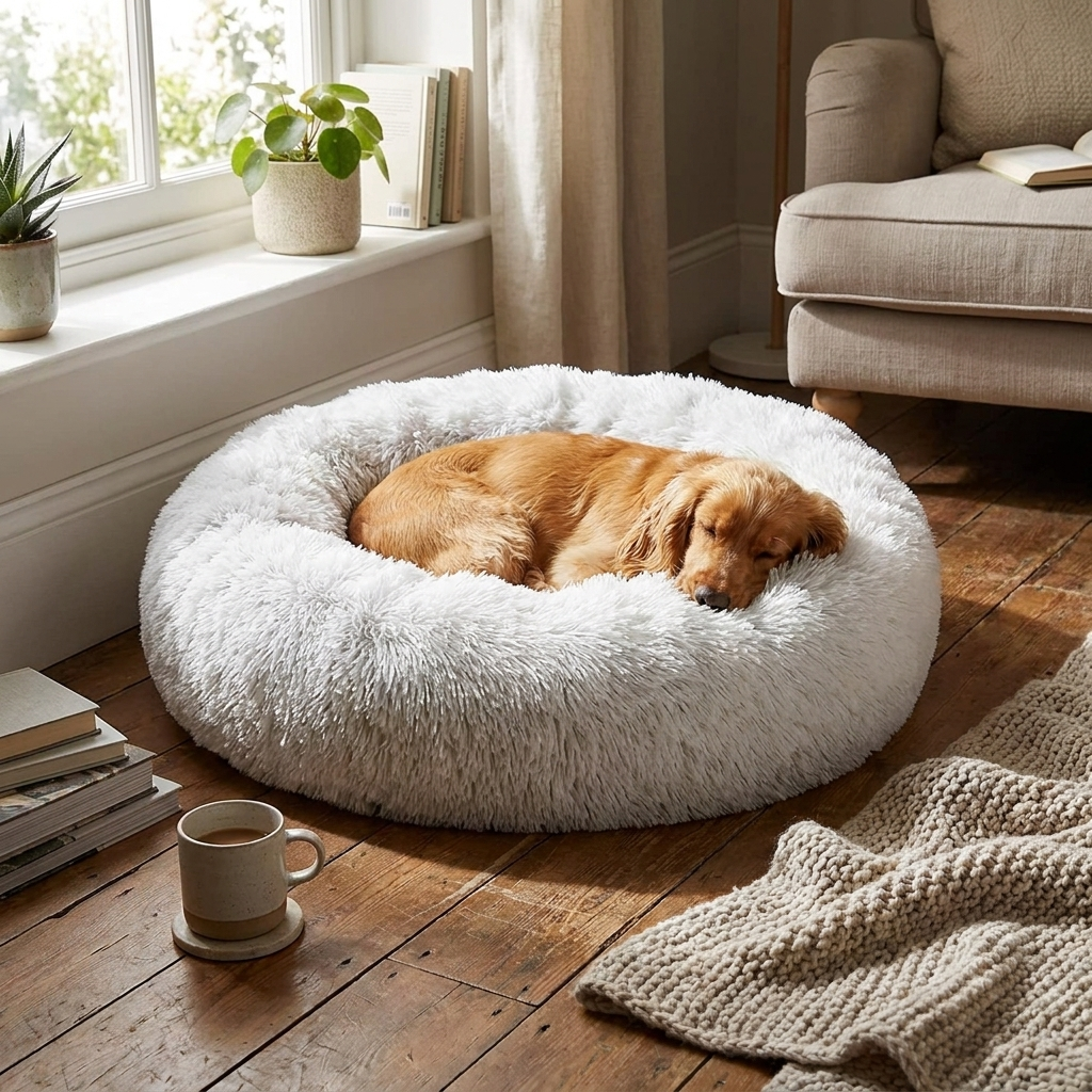Warm wool dog and cat bed in use