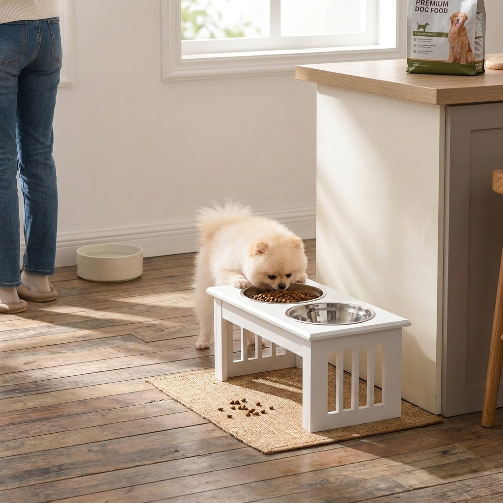 Small puppy elevated feeding station in use
