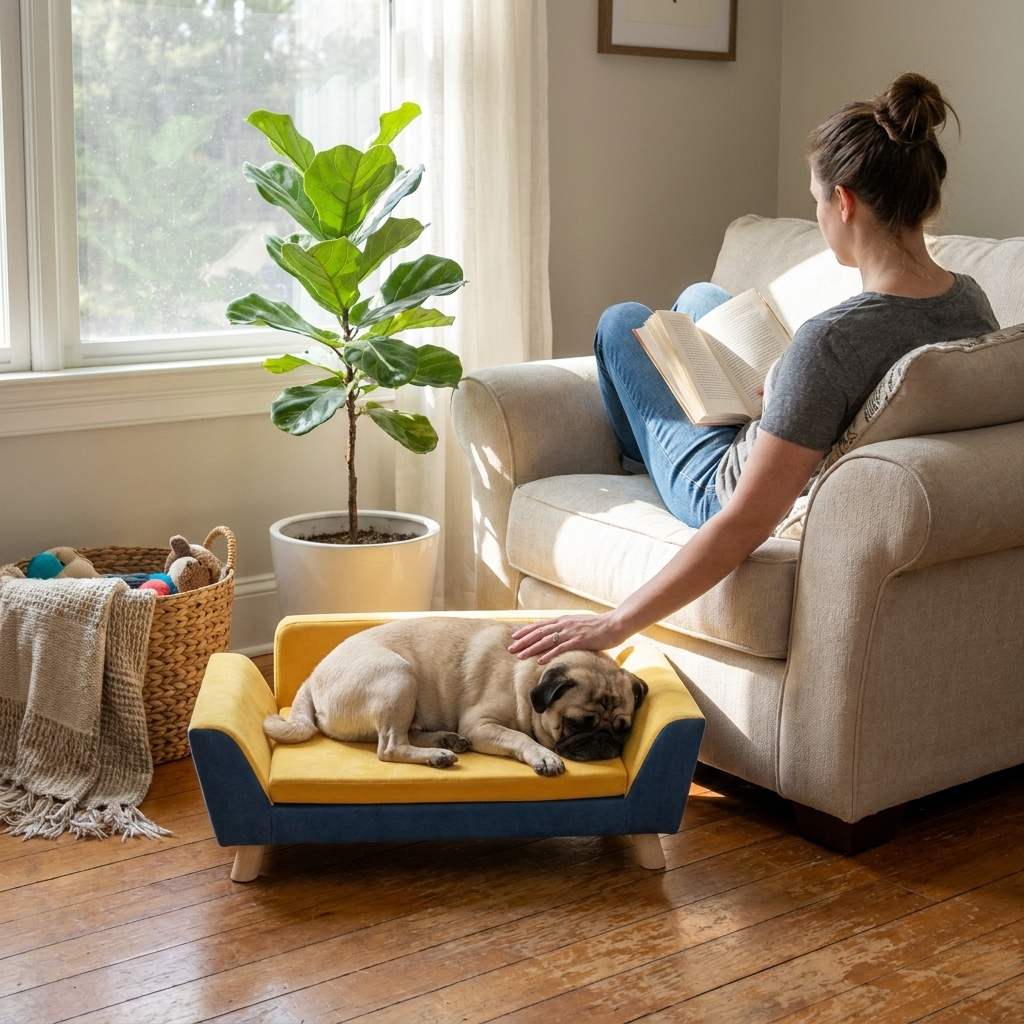 Small dog sofa bed with cushion in use